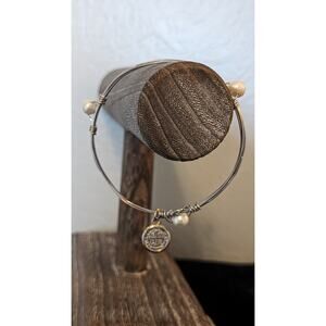 Silver Tone Wire Wrapped Freshwater Pearl Dangle Bangle